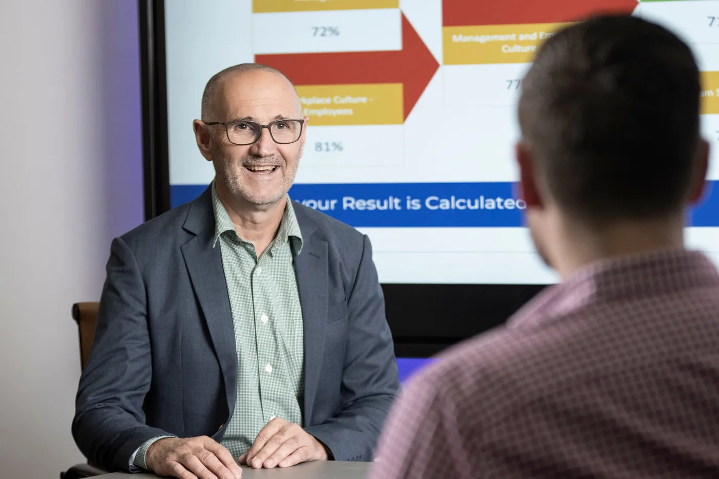 Rod Smith talking a client through workplace culture survey results