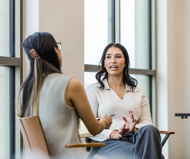 Two colleagues talking together at work