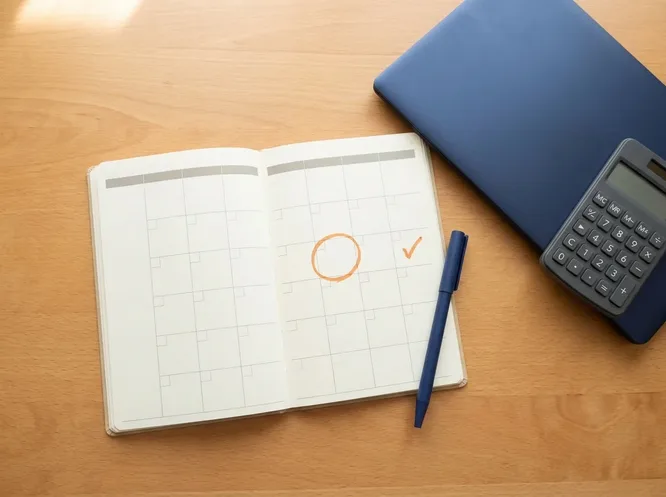 An overhead view of a desk with an open pay calendar, one day ringed in orange and a later day marked with a tick, beside a pen, a calculator and a closed laptop