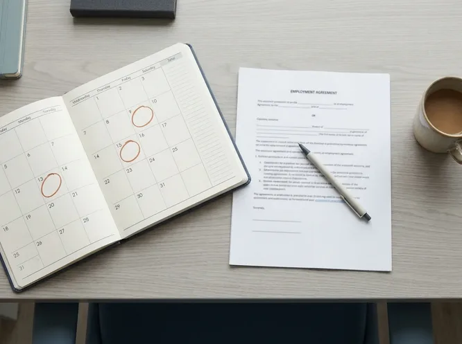 An open desk diary and a printed employment contract with a pen resting on it